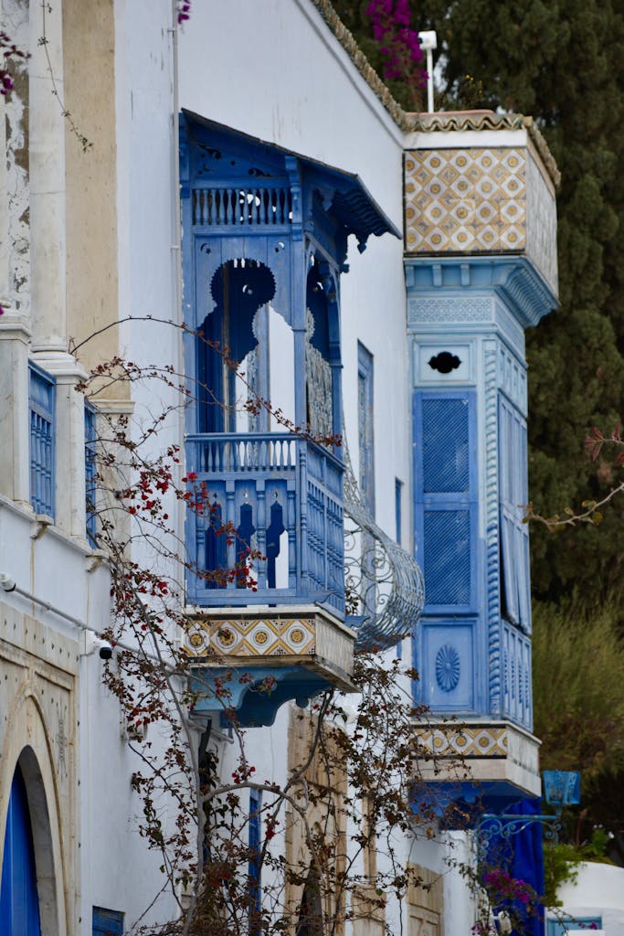 Charming traditional blue balconies in a historic district of Carthage, Tunisia.