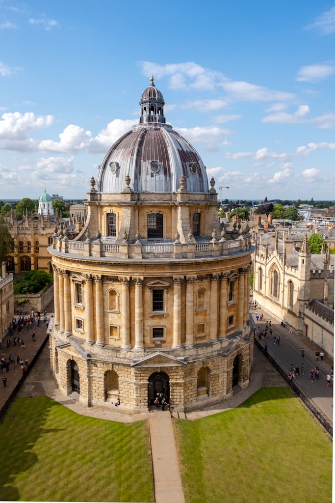 Majestic aerial shot of Radcliffe Camera, an iconic historic library in Oxford, England.
